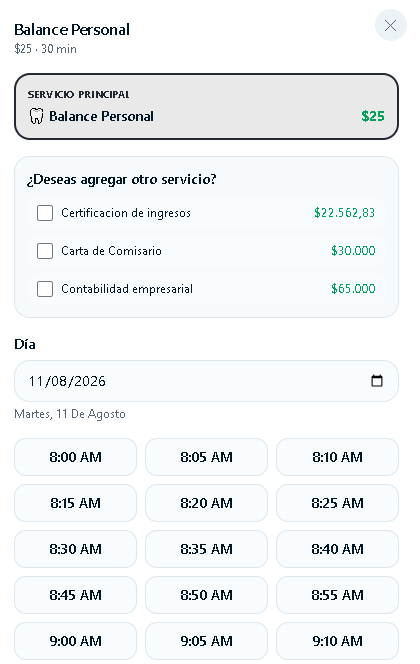 Ventana de reserva con selección de día y horas disponibles