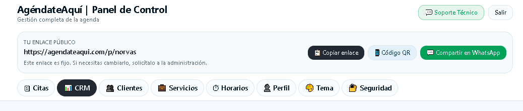 Panel de control de AgéndateAquí con enlace público, código QR y compartir por WhatsApp