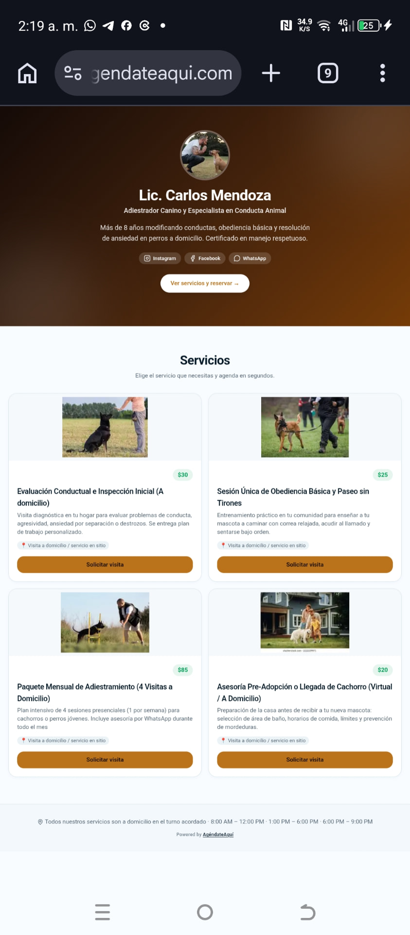 Sitio web responsivo de AgéndateAquí visto desde el celular con el catálogo de servicios