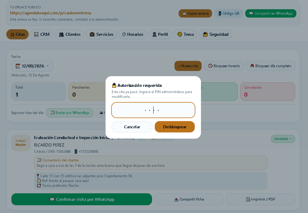 Modal de autorización requerida pidiendo el PIN administrativo para modificar una cita ya pasada