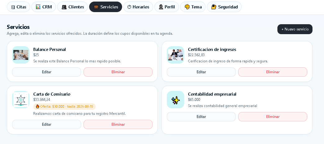 Panel de servicios de AgéndateAquí con precios y oferta activa